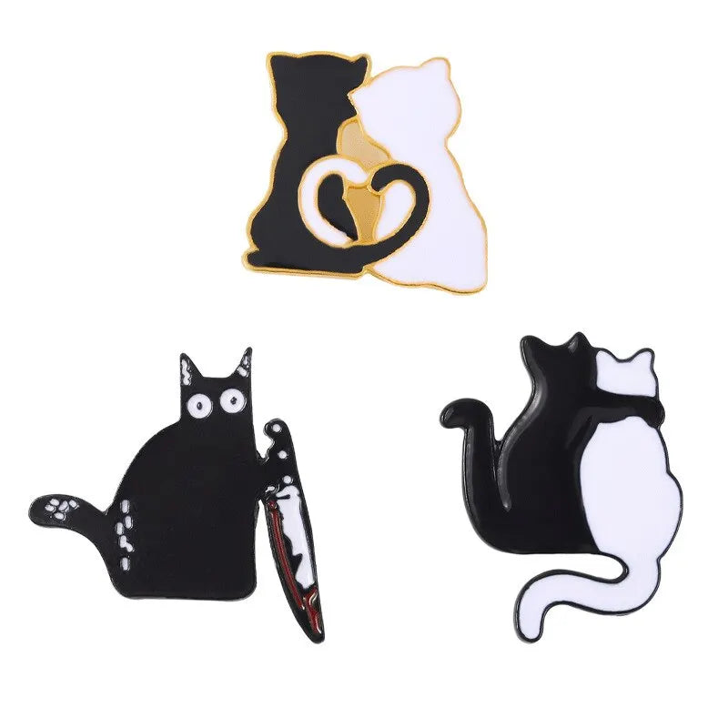 3pc Cartoon Cat Brooch Set – Unisex Black & White Pin Badge Fashion Brooch Set Nixie