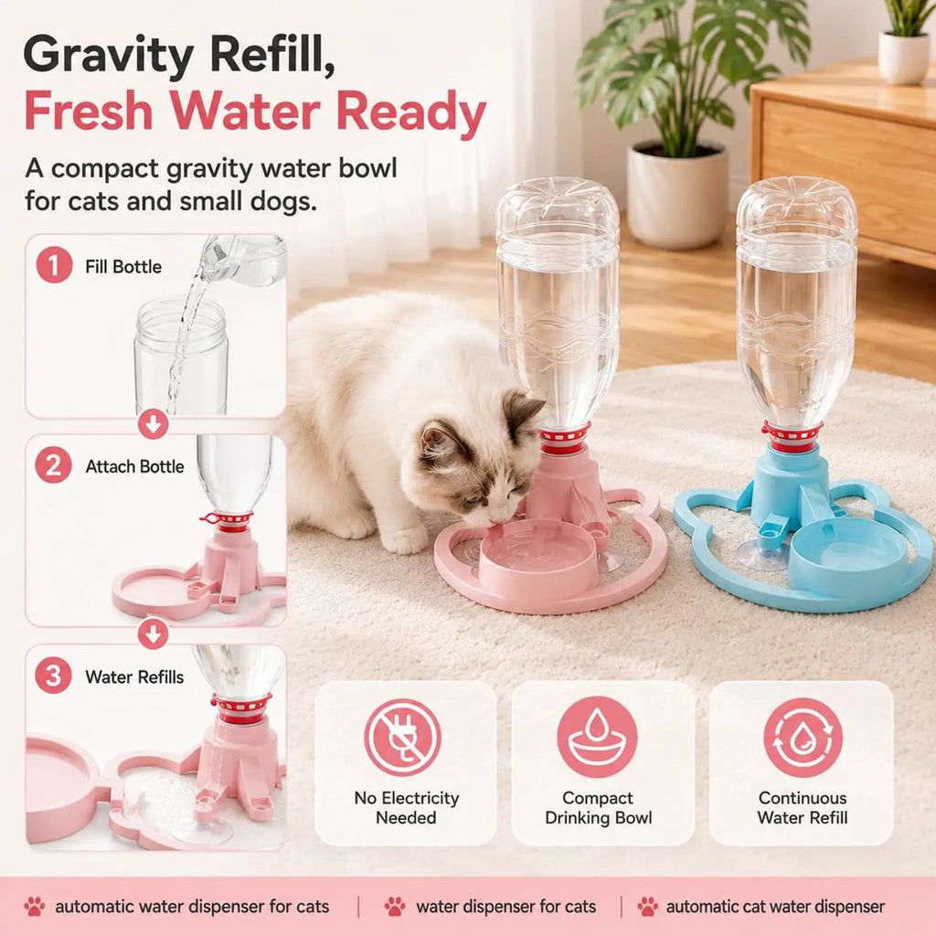 Gravity Cat Water Dispenser 630ml Bottle & Suction Cup Bowl Pet Water Dispenser Nixie