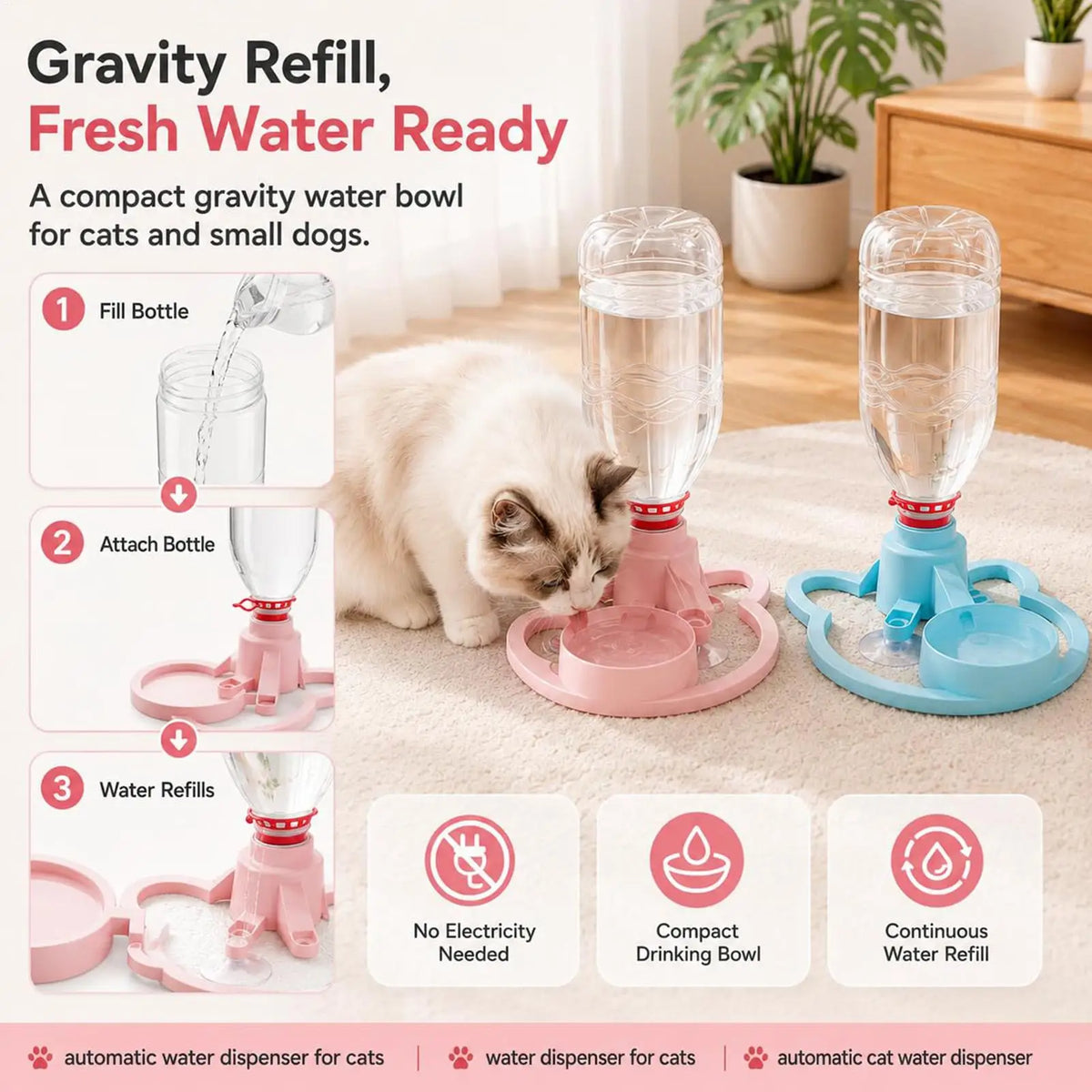 Gravity Cat Water Dispenser 630ml Bottle & Suction Cup Bowl Pet Water Dispenser Nixie