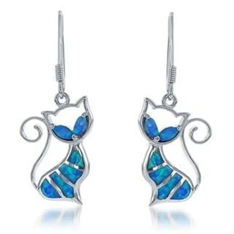 Vintage Blue Opal Cat Dangle Earrings – Retro Hook Style Dangle Earrings Nixie