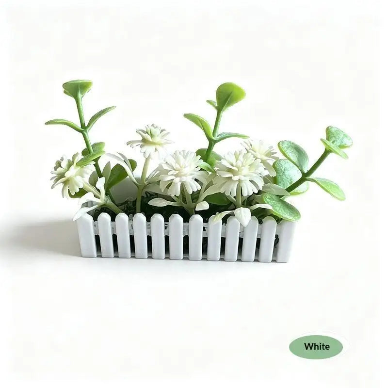 Mini Artificial Potted Flower with Fence – Dollhouse Miniature Dollhouse Miniature Prop Nixie White