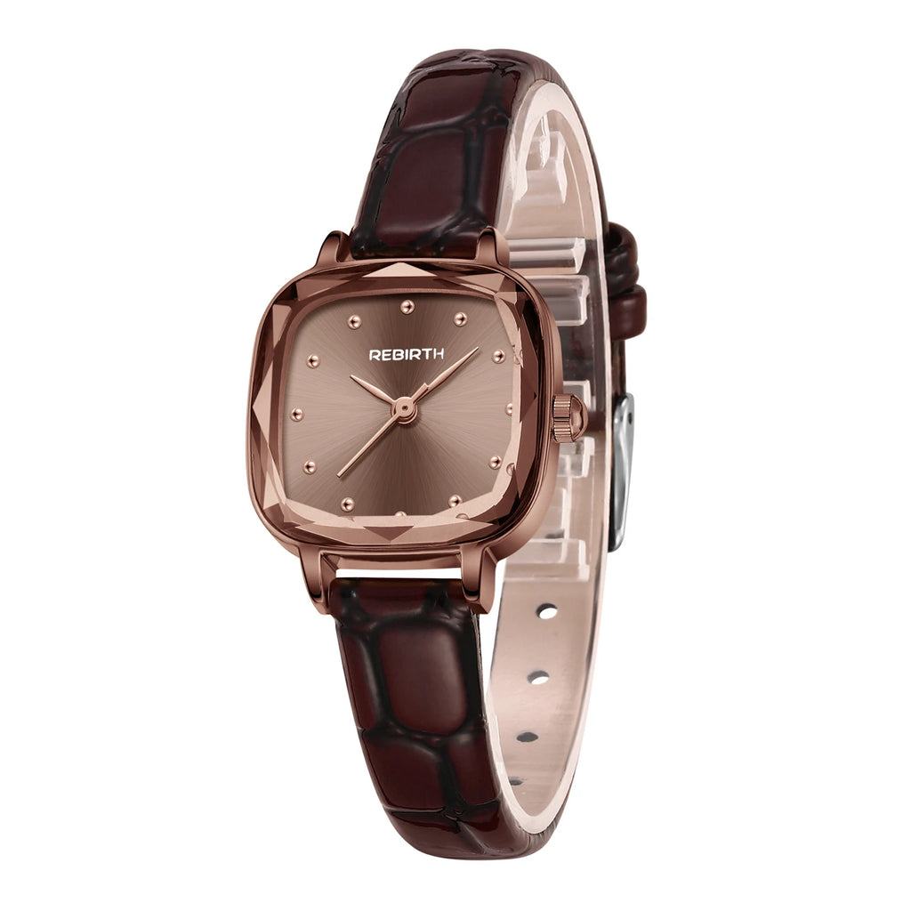 REBIRTH Ladies Leather Quartz Watch – Square Dial, Casual Style Ladies Quartz Watch Nixie