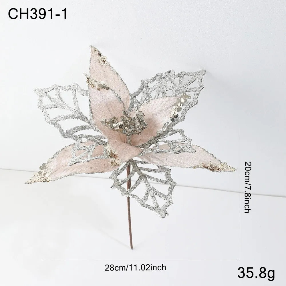 Large Glitter Artificial Poinsettia Christmas Flower Decoration
