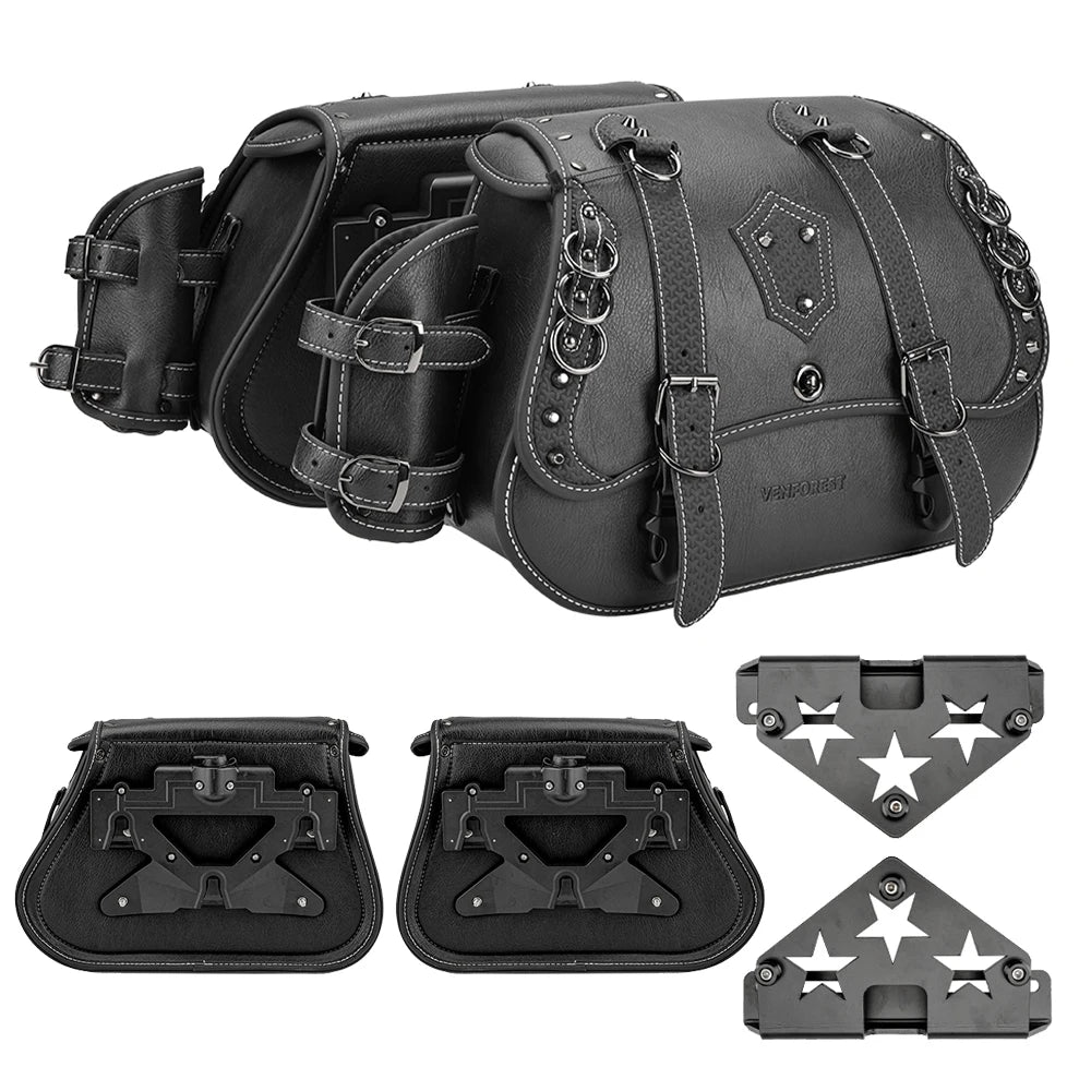 Retro PU Leather Motorcycle Saddlebags – Universal Fit w/ Brackets Motorcycle Saddlebags Nixie Black with Bracket