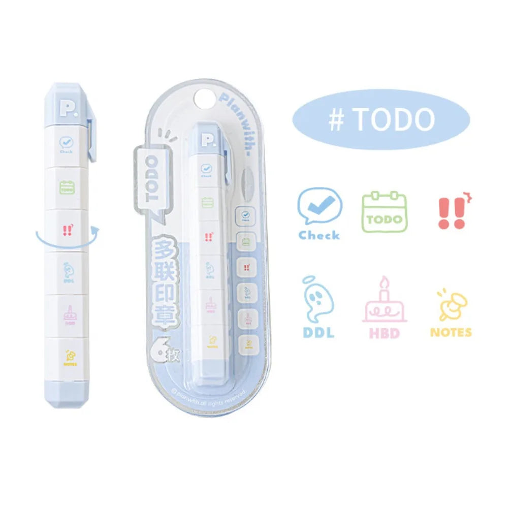 Cartoon Journal Stamp Pen – 6 Pattern Self-Ink Diary Seal Self-Ink Stamp Pen Nixie 06