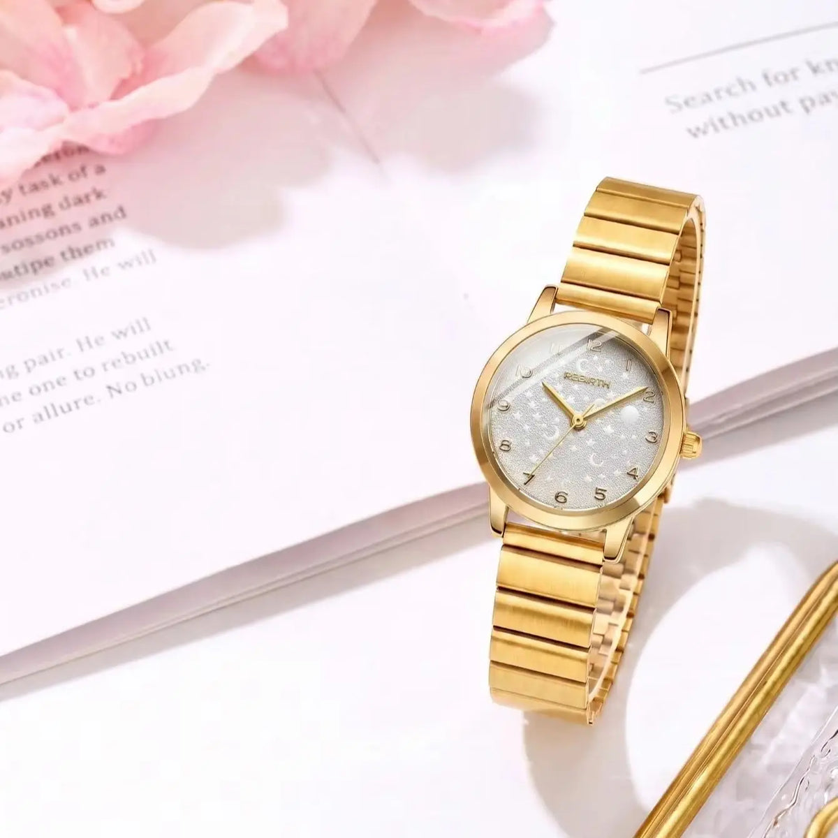 REBIRTH Women's Gold Starry Sky Dial Quartz Watch | 3 Bar Women's Quartz Watch Nixie