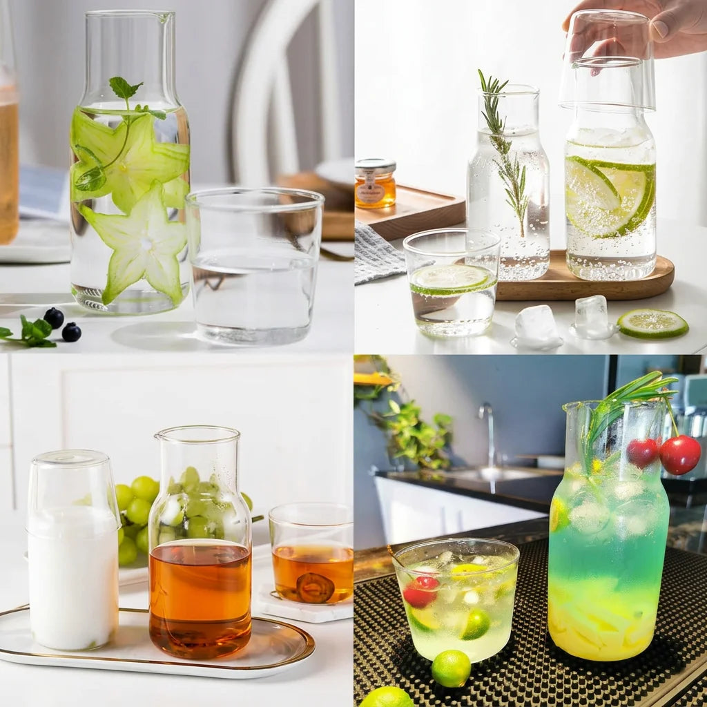Bedside Glass Water Carafe & Cup Set 550/600ml – BPA-Free Glass Carafe Set Nixie