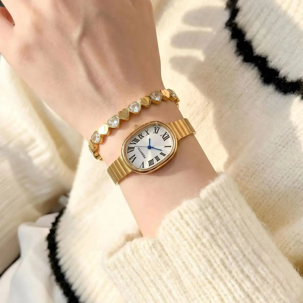 Women's Gold Watch & Bracelet Set – 2-Piece Quartz Fashion Women's Watch Set Nixie