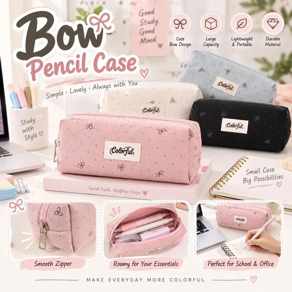 Bow Pattern Fabric Pencil Case – Cute Zipper Pouch