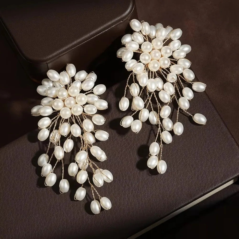 French Imitation Pearl Tassel Dangle Earrings | Bridal Style Tassel Dangle Earrings Nixie