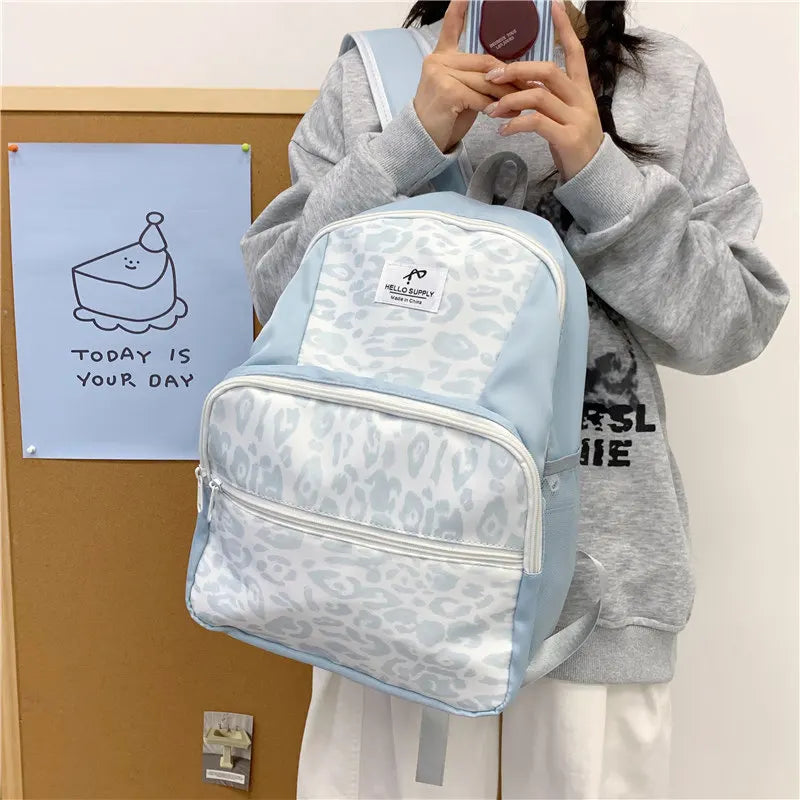 Korean Leopard Print Backpack – Cute Color-Block Women's Bag