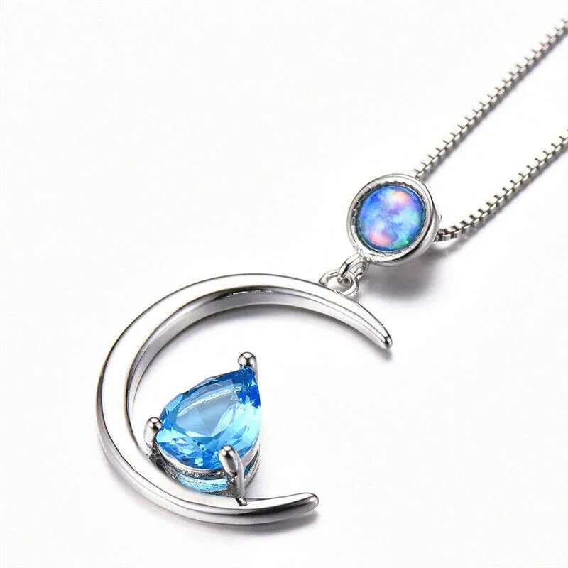 Aquamarine Blue Glass & Simulated Opal Pendant Necklace Pendant Necklace Nixie