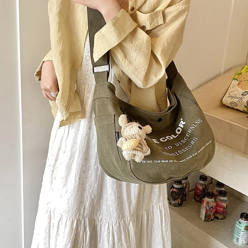 Women's Letter Print Canvas Tote Bag | Large Crossbody Canvas Tote Bag Nixie Green