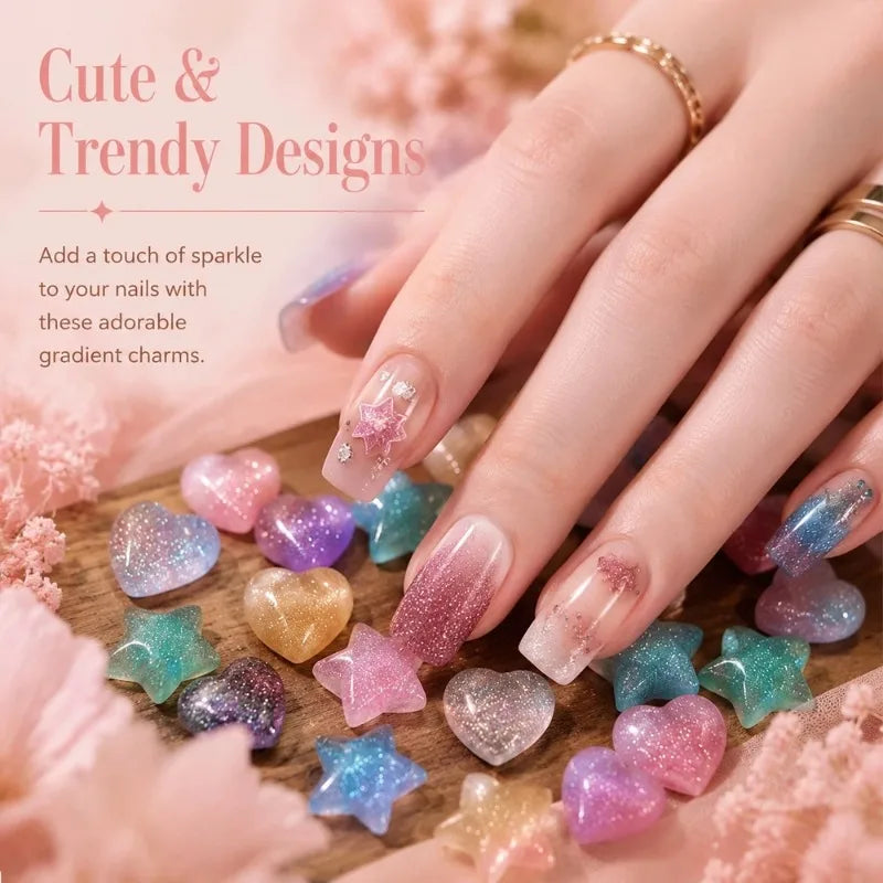 30Pcs 3D Kawaii Nail Charms – Heart Star Iridescent Glitter Kit Nail Art Charms Nixie