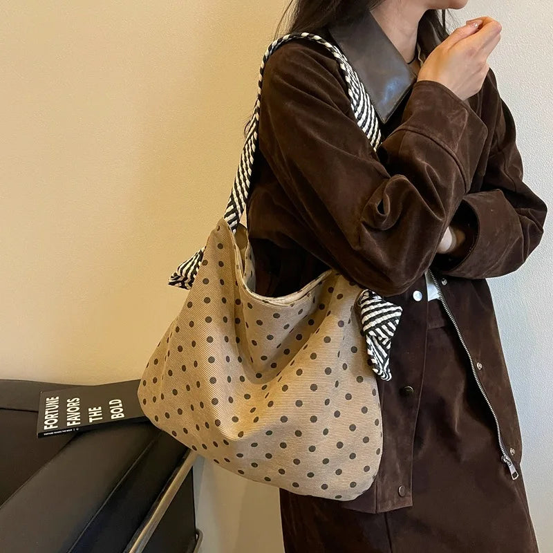 Korean Polka Dot Corduroy Tote Bag – Large Capacity