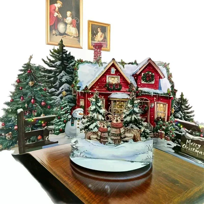 3D Pop-Up Christmas Card – Santa, Reindeer & Snowy Village 3D Greeting Card Nixie