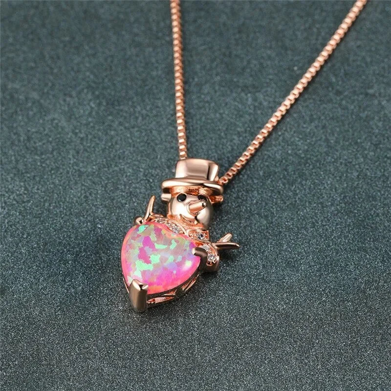Heart Snowman Pendant Necklace – Pink Simulated Opal Charm Pendant Necklace Nixie