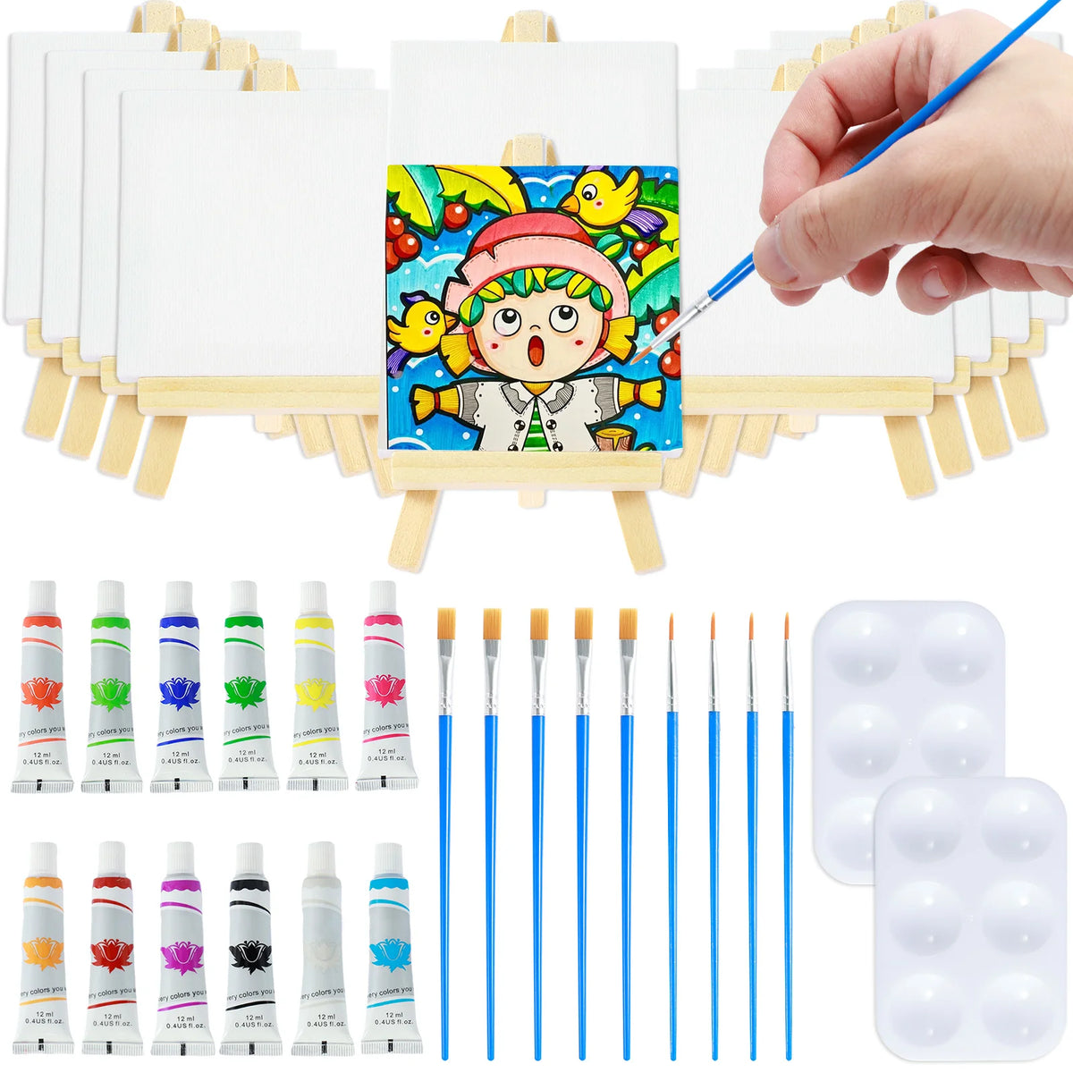 34Pcs Mini Canvas & Easel Set with Acrylic Paints & Brushes Mini Canvas Painting Kit Nixie