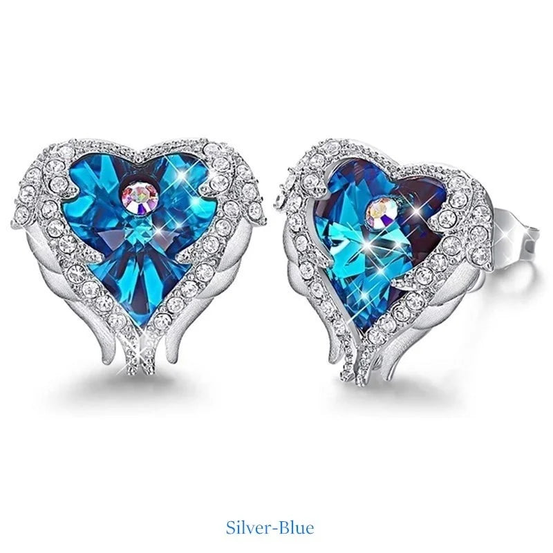 Silver Angel Wing Heart Crystal Stud Earrings for Women Crystal Stud Earrings Nixie