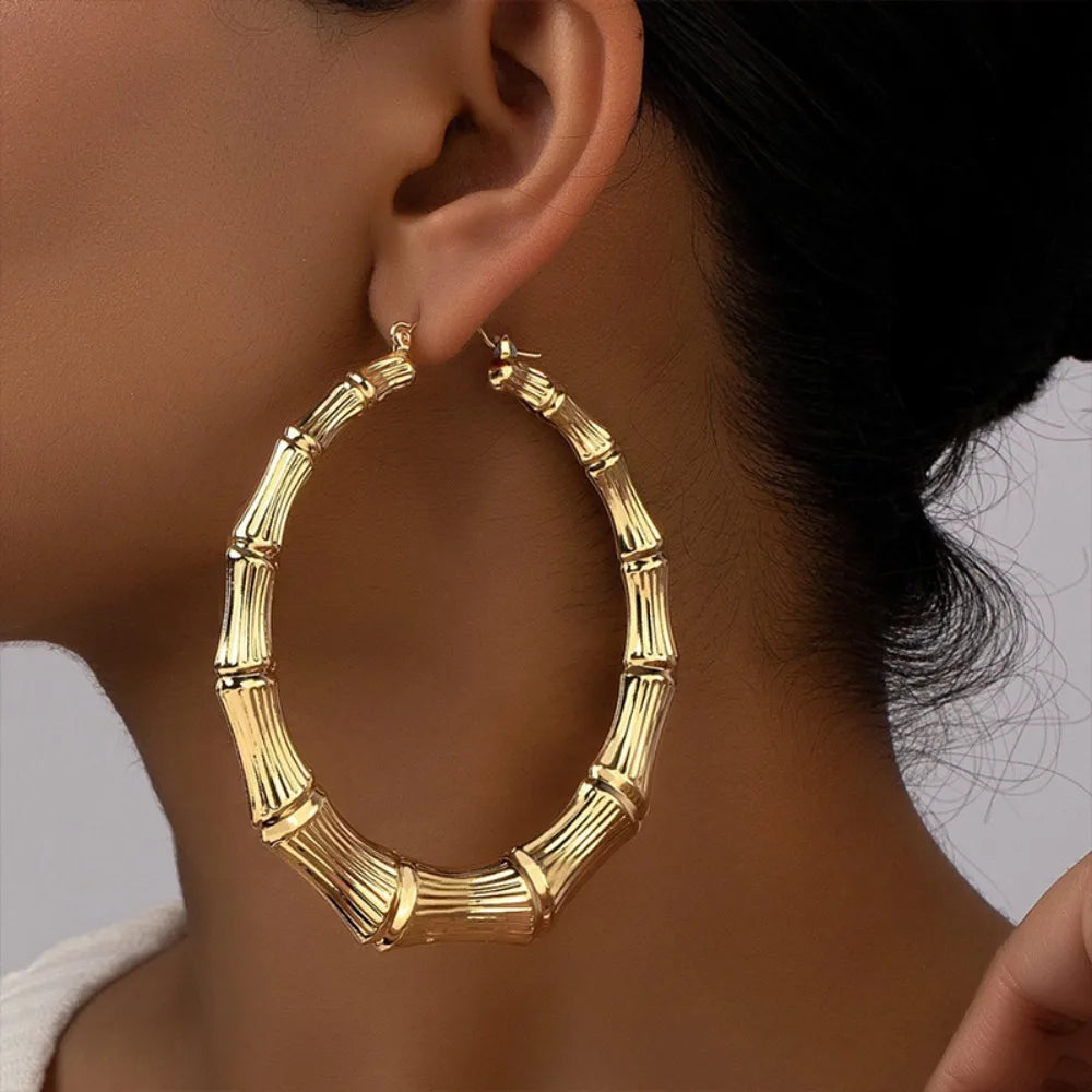 Gold Bamboo Hoop Drop Earrings – Geometric Hollow Punk Dangle Hoop Drop Earrings Nixie Gold