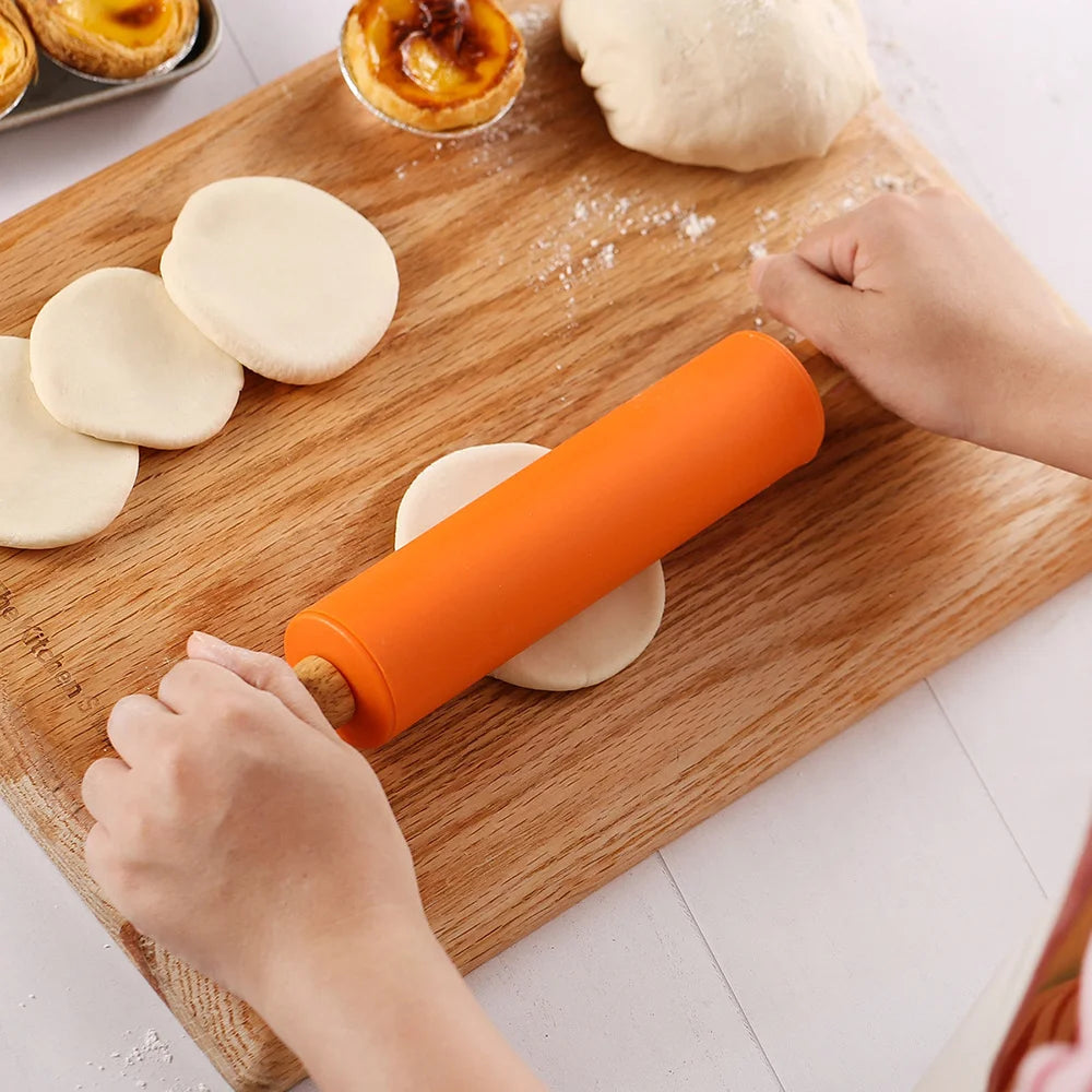 Silicone Rolling Pin Wooden Handle – Non-Stick Baking Tool Silicone Rolling Pin Nixie