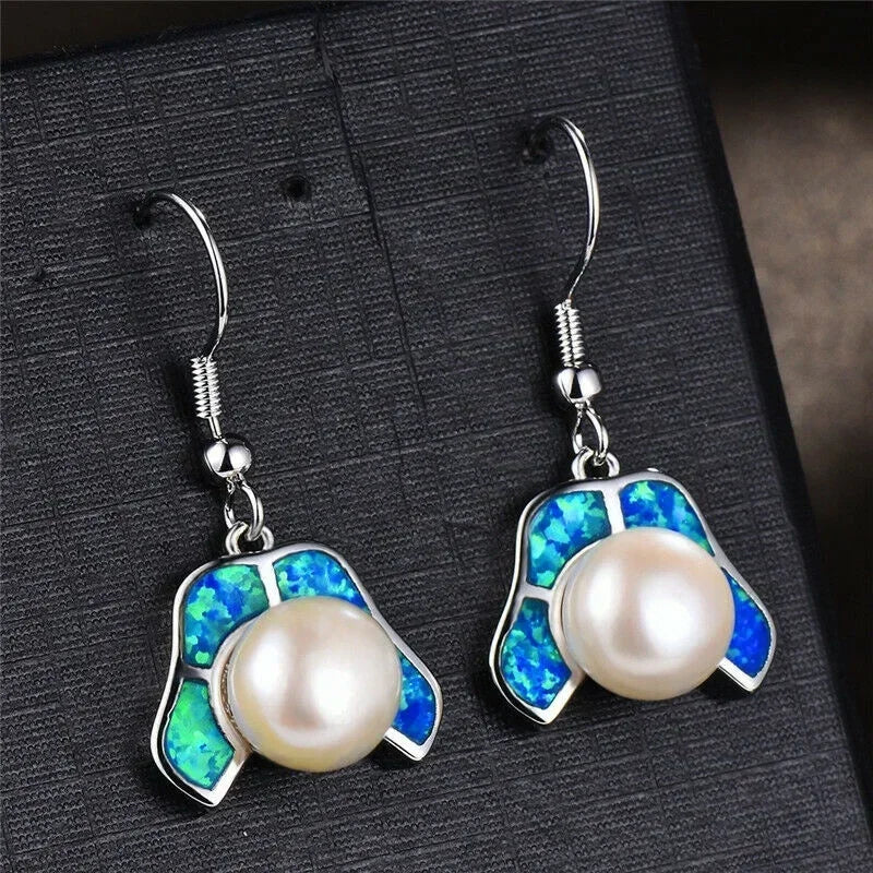 White Pearl Simulated Opal Silver Dangle Drop Earrings Dangle Drop Earrings Nixie