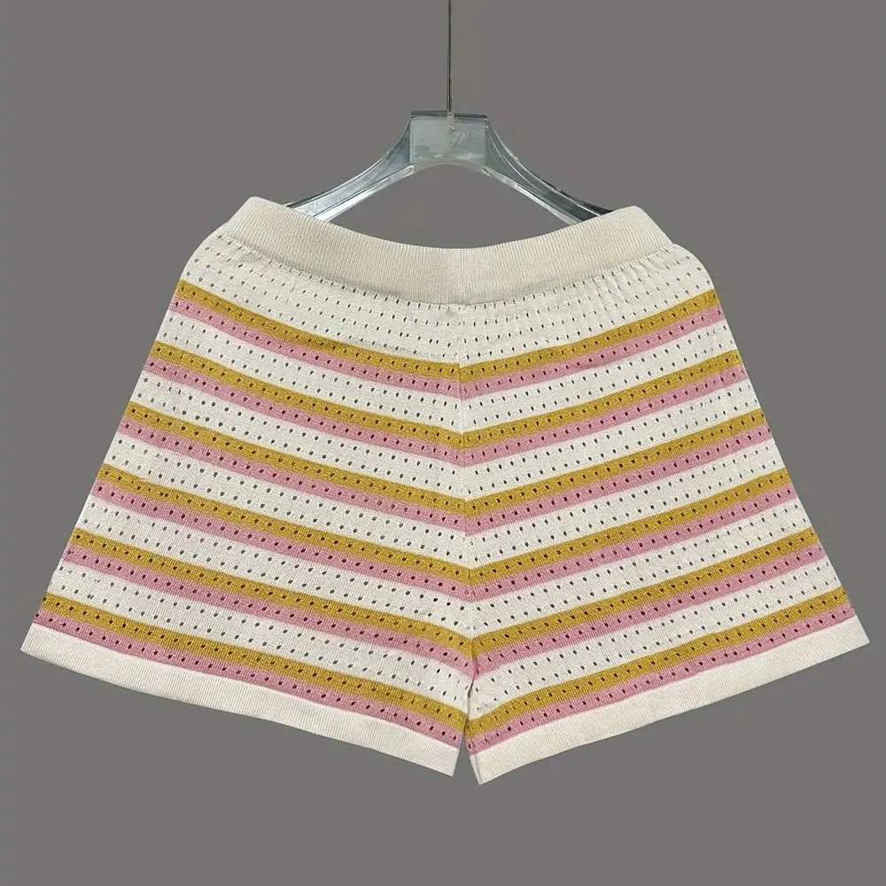 Women's Loose Knit Stripe Shorts Set – Crochet Top & Shorts Knit Shorts Set Nixie