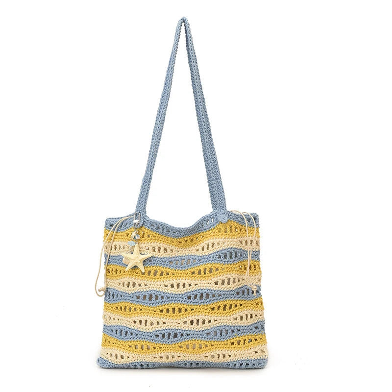Women's Large Crochet Tote – Two-Tone Striped Shoulder Bag Crochet Tote Bag Nixie