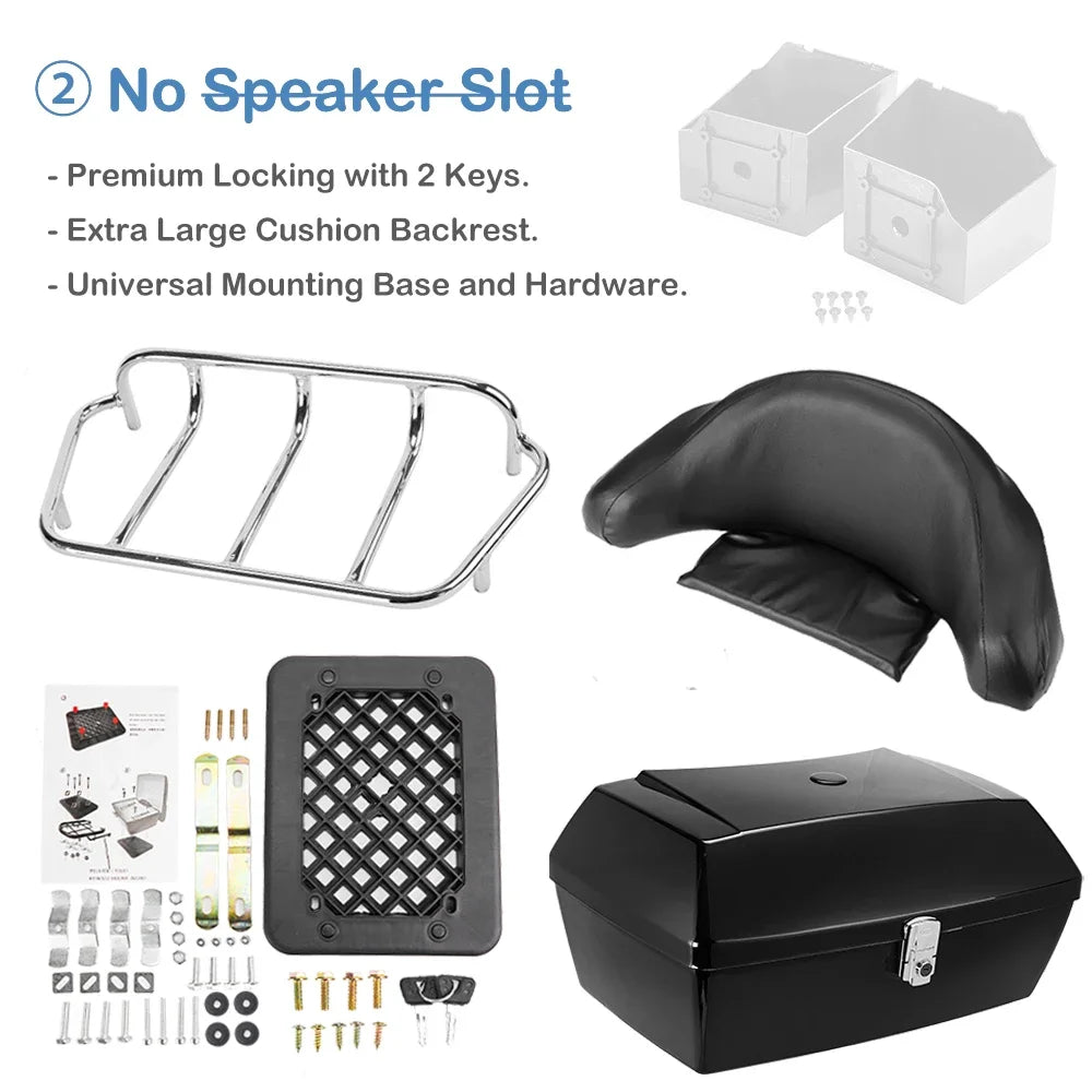48L Motorcycle Top Case Hard ABS Tail Box with Backrest & Lock Motorcycle Top Case Nixie Black no Slot