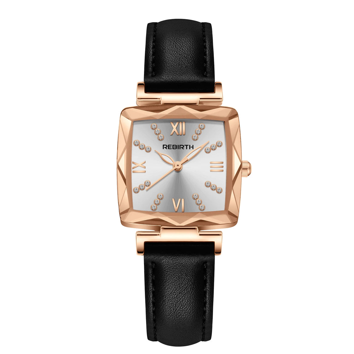 REBIRTH Square Women's Rhinestone Quartz Watch | Leather Band Women's Fashion Watch Nixie black