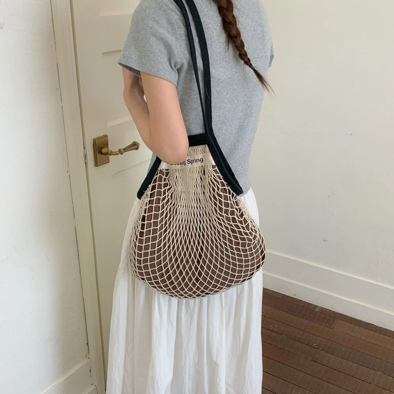 Women's Hollow Mesh Woven Tote – Large Beach Shoulder Bag