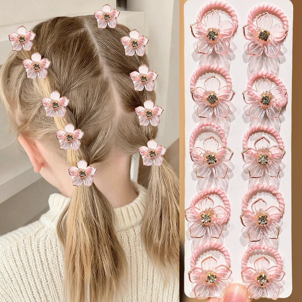 10pcs Girls Rhinestone Flower Elastic Hair Ties | Hair Bands Elastic Hair Ties Nixie Pink