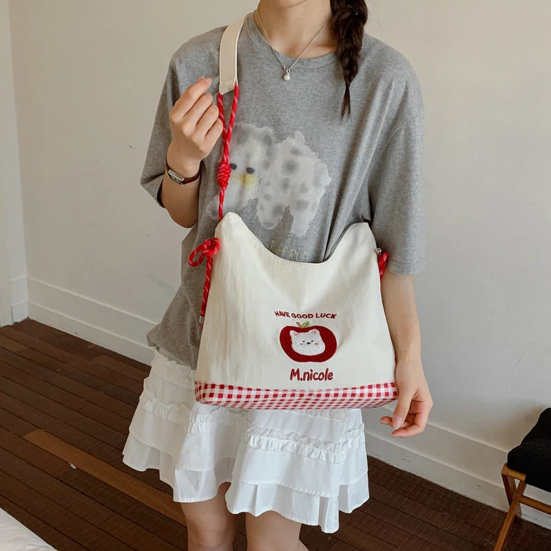 Korean Minimalist Embroidered Tote Bag – Large Crossbody for Women Embroidered Tote Bag Nixie