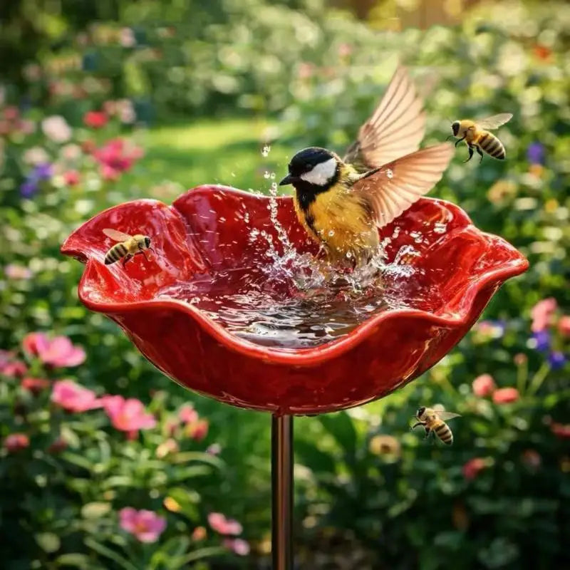 Handmade Metal Flower Garden Stake Bird Bath & Waterer Garden Stake Decor Nixie