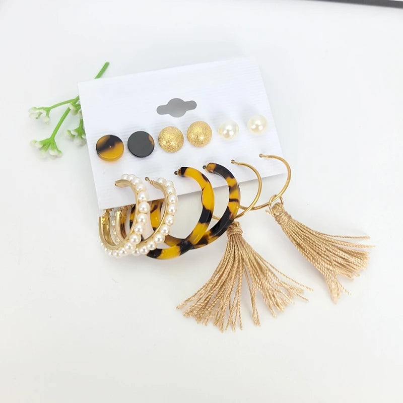 Pearl Tassel Drop Earrings Set – Trendy Imitation Pearl Hoops