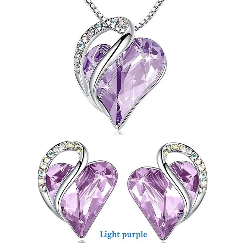 Silver Heart Crystal Earrings & Necklace Jewelry Set for Women Crystal Jewelry Set Nixie Light purple