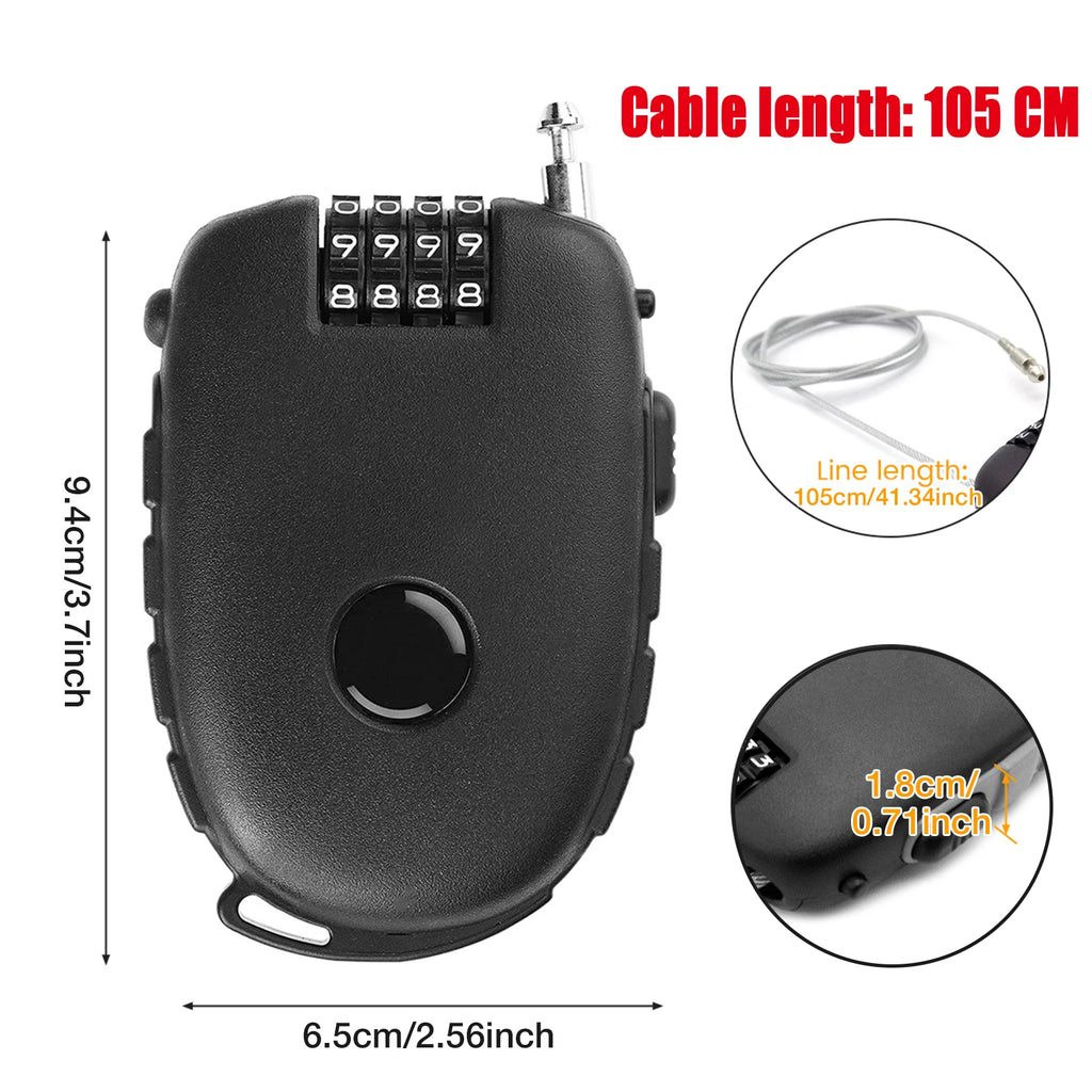 4-Digit Retractable Cable Lock – Helmet, Bike & Luggage