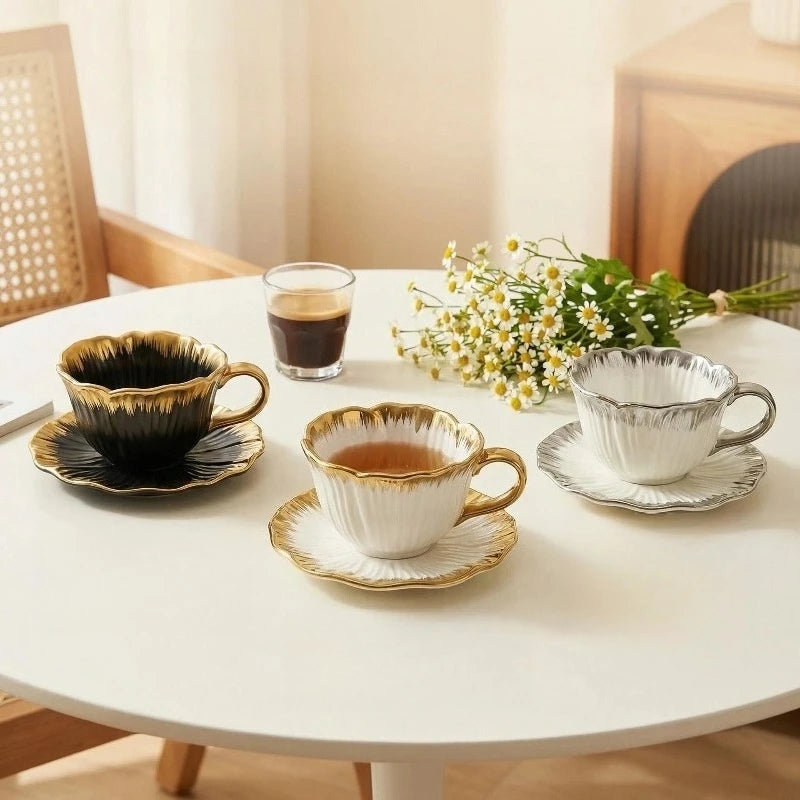Gold-Plated Flower Ceramic Coffee Cup & Saucer Tea Set Ceramic Tea Cup Set Nixie