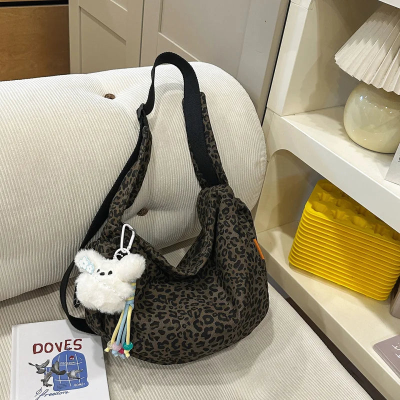Leopard Print Canvas Shoulder Bag – Women's Casual Hobo