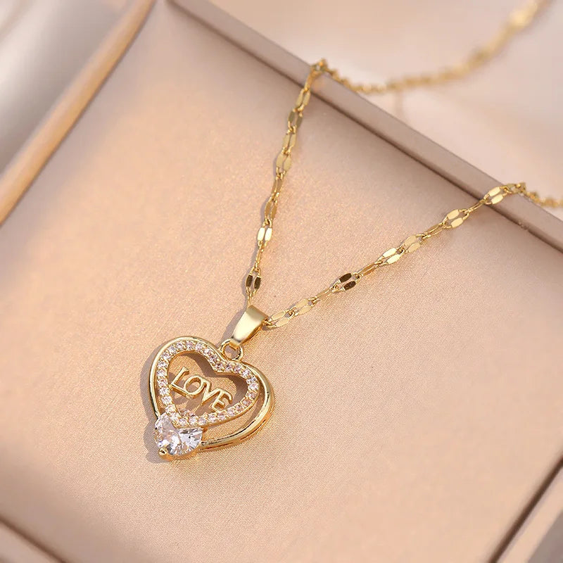Women's Gold Heart Pendant Necklace | Zircon Clavicle Chain Pendant Necklace Nixie