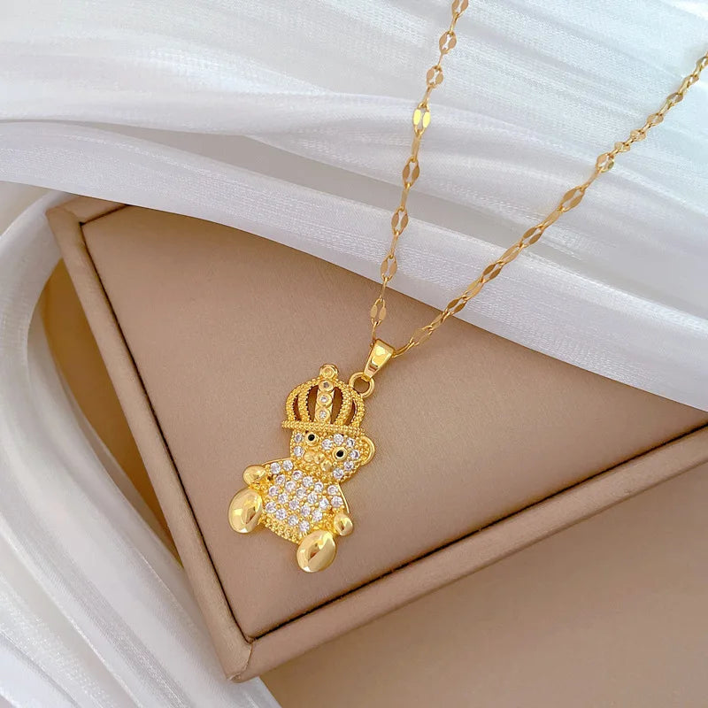 Crown Bear Gold Pendant Necklace | Stainless Steel Clavicle Chain Pendant Necklace Nixie