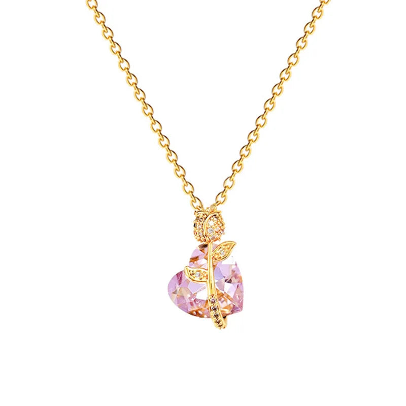 Pink Heart Rose Pendant Necklace – Sparkling Zircon Choker Pendant Necklace Nixie