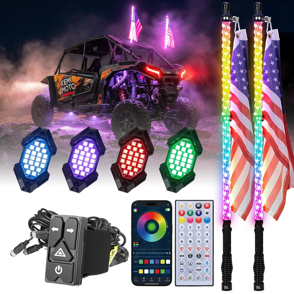 KEMIMOTO UTV ATV LED Whip Light & 4-PC Rock Lights | App & Remote UTV ATV LED Light Kit Nixie