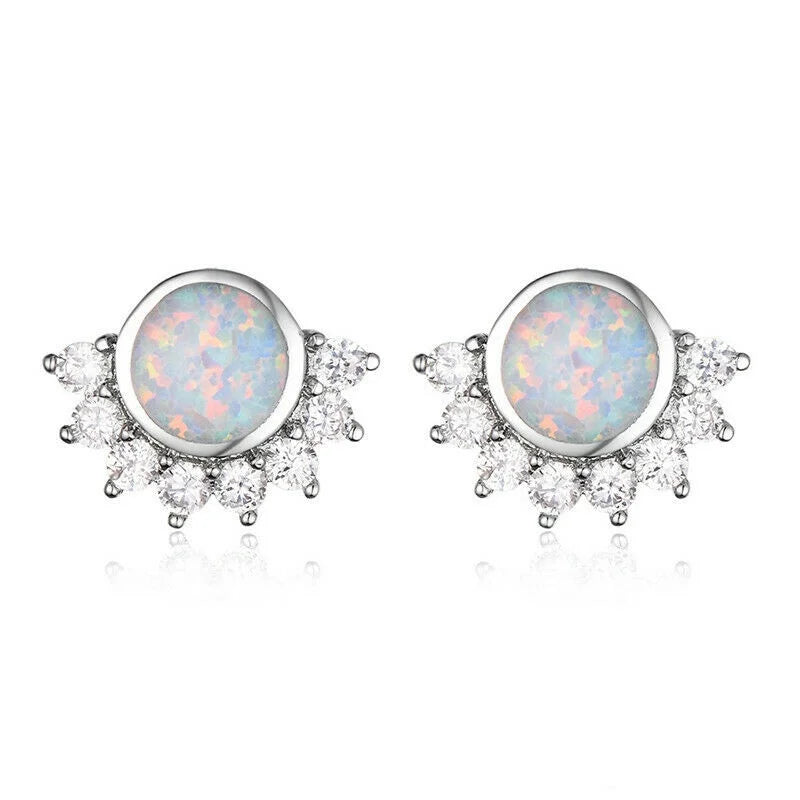 Round Simulated Opal Silver-Plated Stud Earrings – Vintage Style Stud Earrings Nixie Light Yellow Gold Color