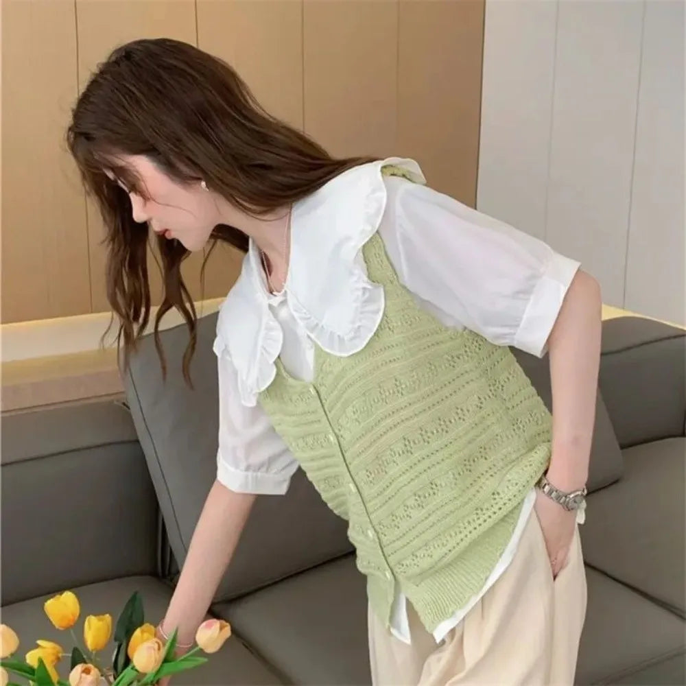 Women's Hollow Knit Sleeveless V-Neck Cardigan Sun-Proof Top Knit Sleeveless Cardigan Nixie