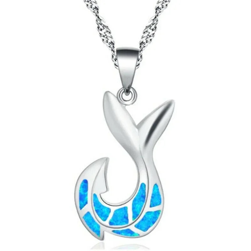 Blue Fish Tail Pendant Necklace – Simulated Opal Ethnic Style Pendant Necklace Nixie