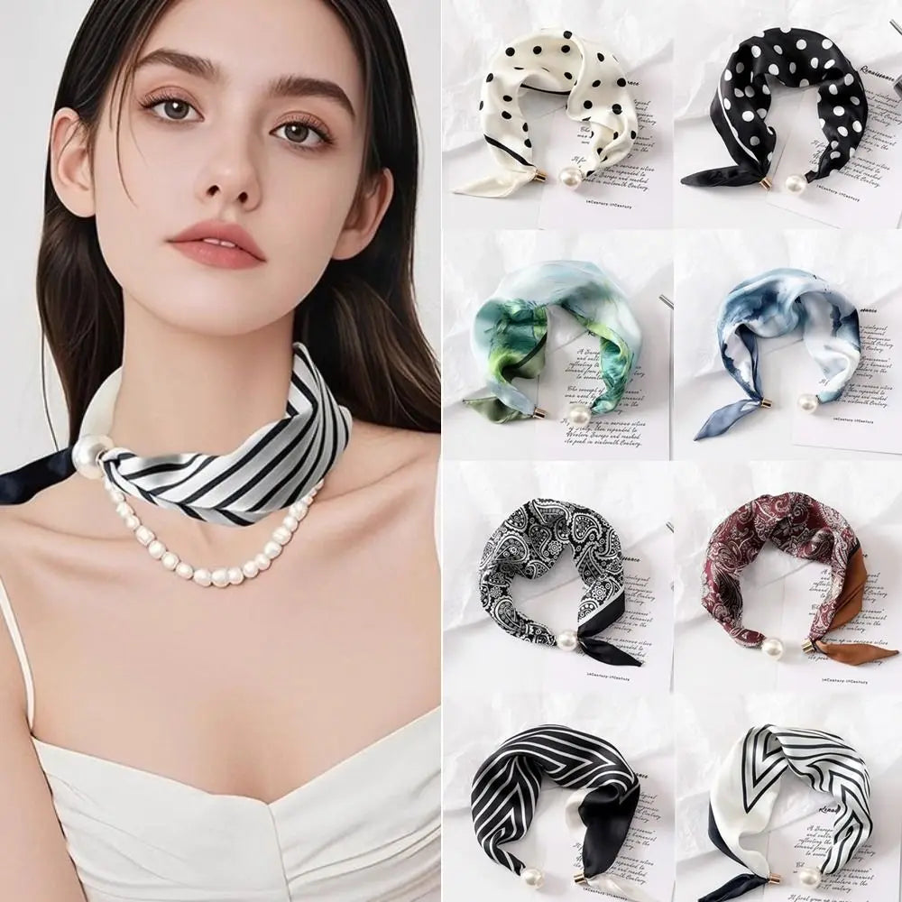 Pearl Buckle Printed Silk Neck Scarf – Lightweight Neckerchief Women's Neck Scarf Nixie