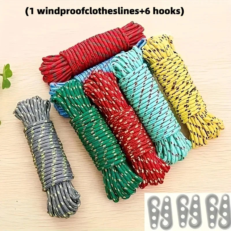 7-Piece Nylon Clothesline Kit – 10M Rope & 6 Hooks Indoor/Outdoor Rope & Hook Kit Nixie