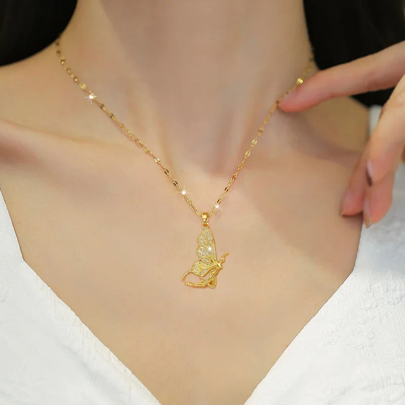 Butterfly Pendant Necklace Gold-Plated Zircon Clavicle Chain