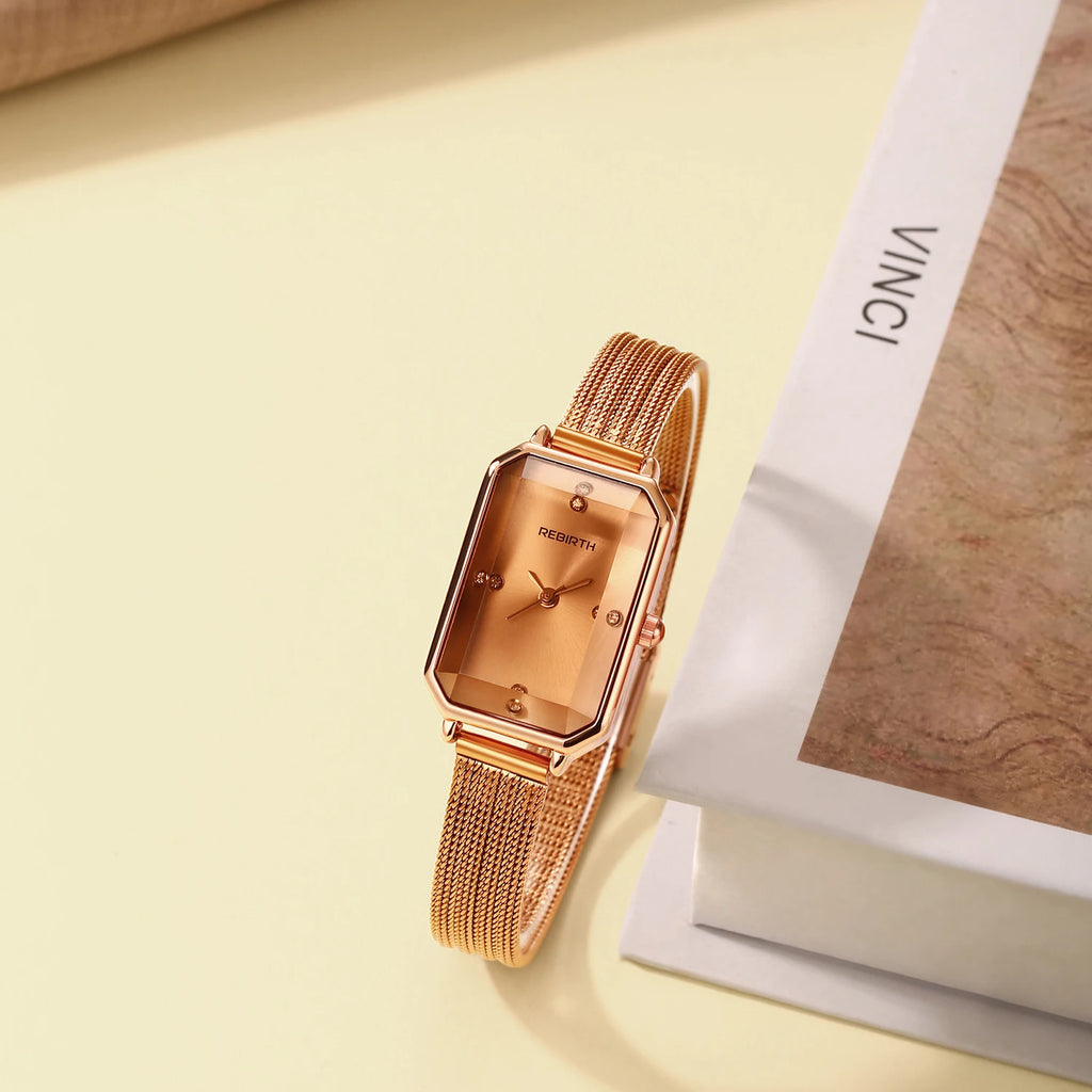 Women's Retro French Mesh Watch – Rhinestone Rectangle Dial Mesh Strap Watch Nixie